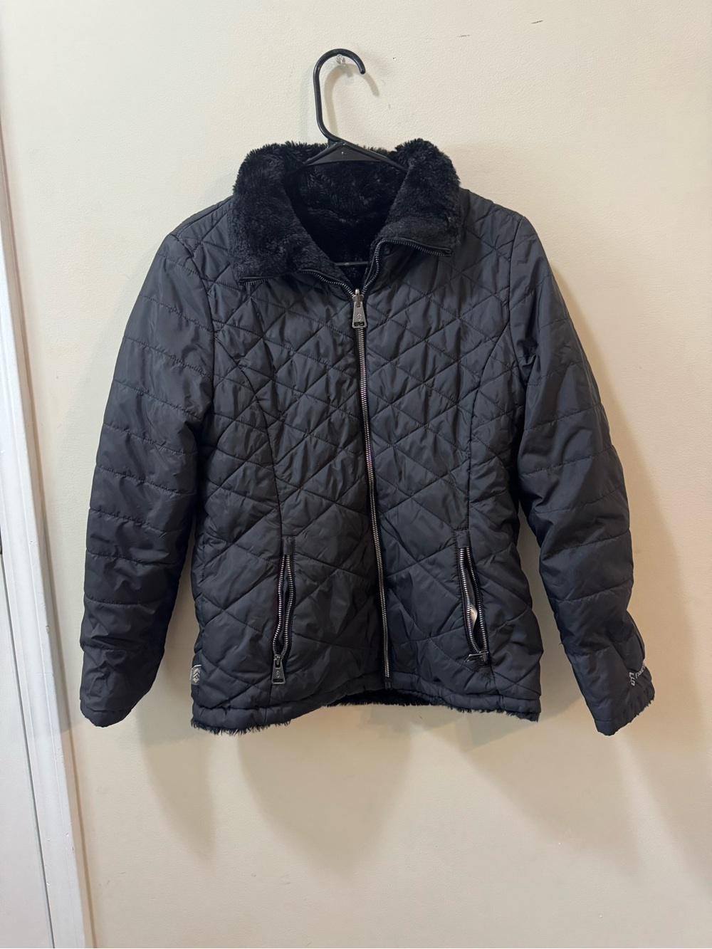 Free Country Black Quilted Puffer Jacket with Faux Fur Collar
